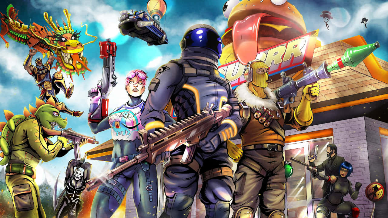 A Group Of People In A Game With Guns And A City Background