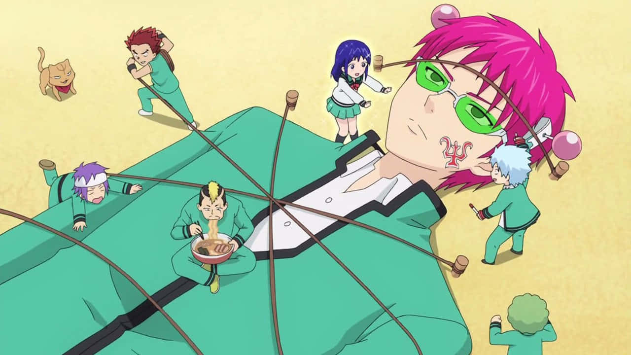 A Group Of People In Green Suits And Pink Hair Background