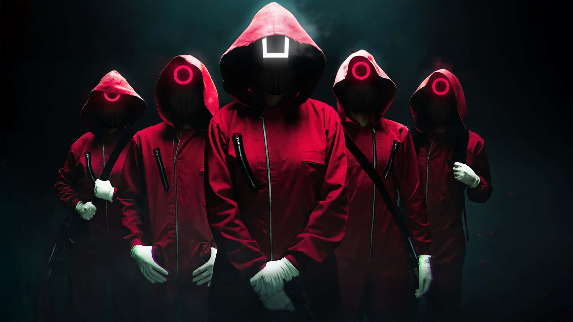A Group Of People In Red Hoodies Standing In Front Of A Dark Background