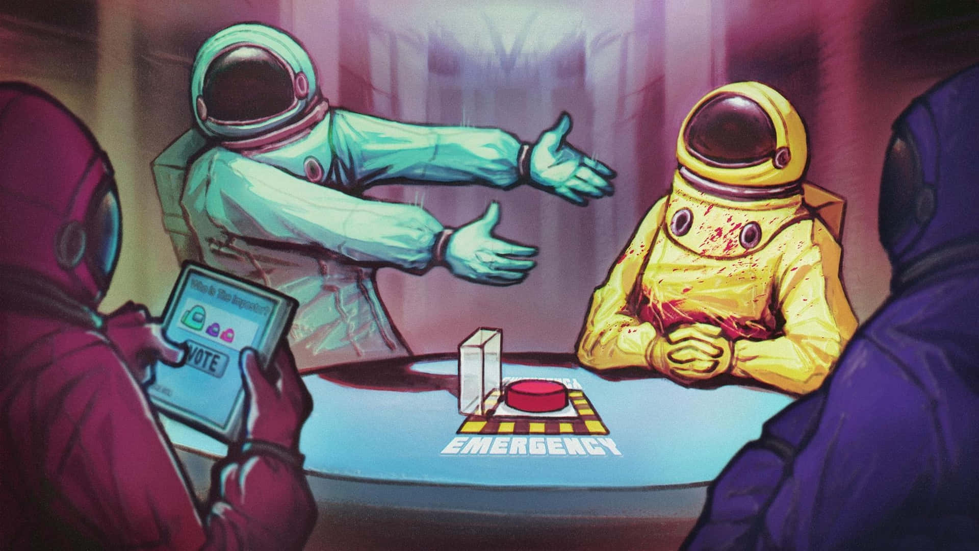 A Group Of People In Space Suits Are Playing A Game Of Poker Background