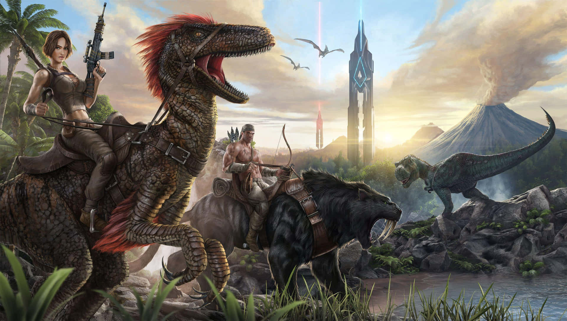 A Group Of People On Horses And A Dinosaur Background