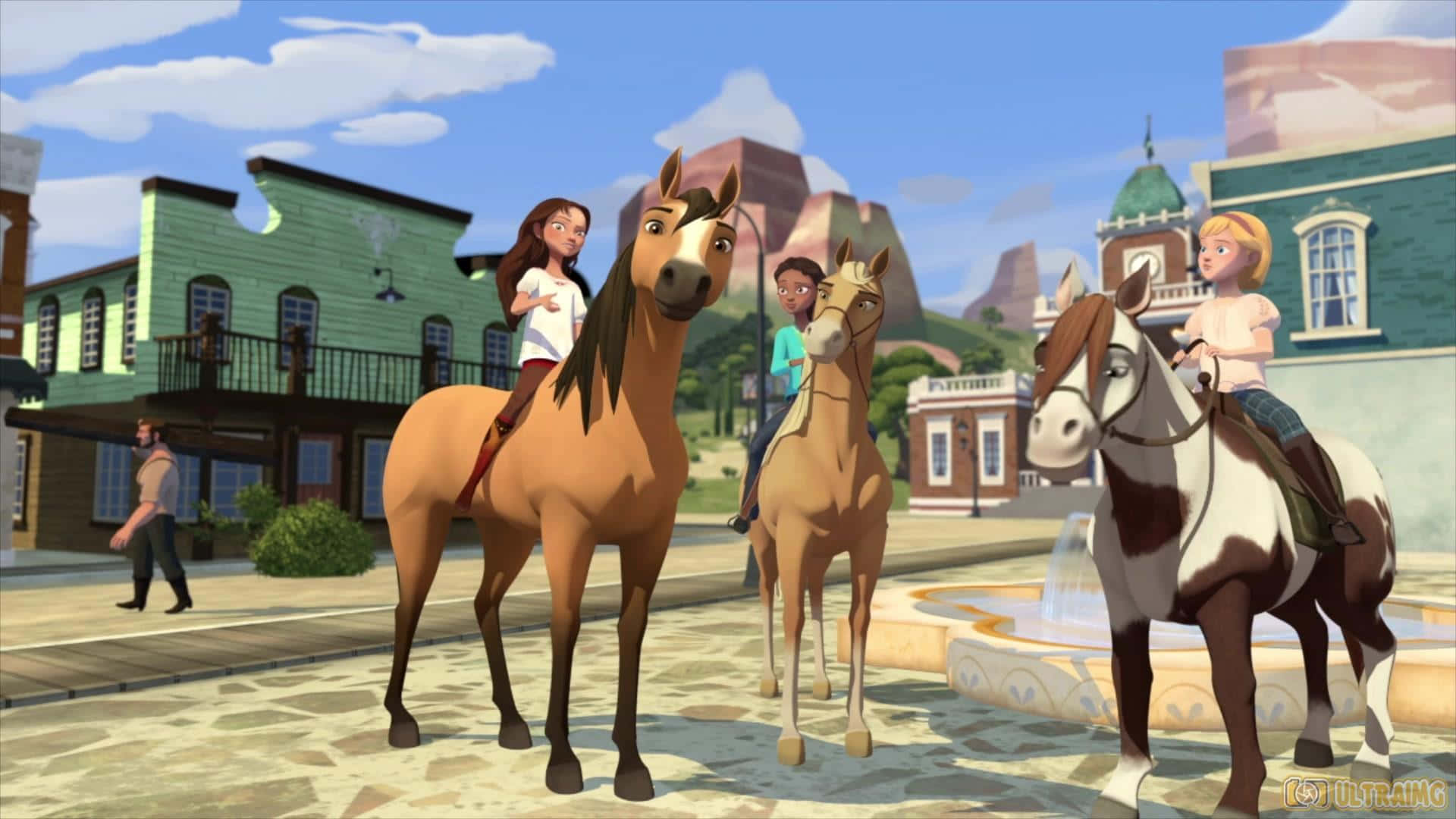 A Group Of People On Horses In A Cartoon