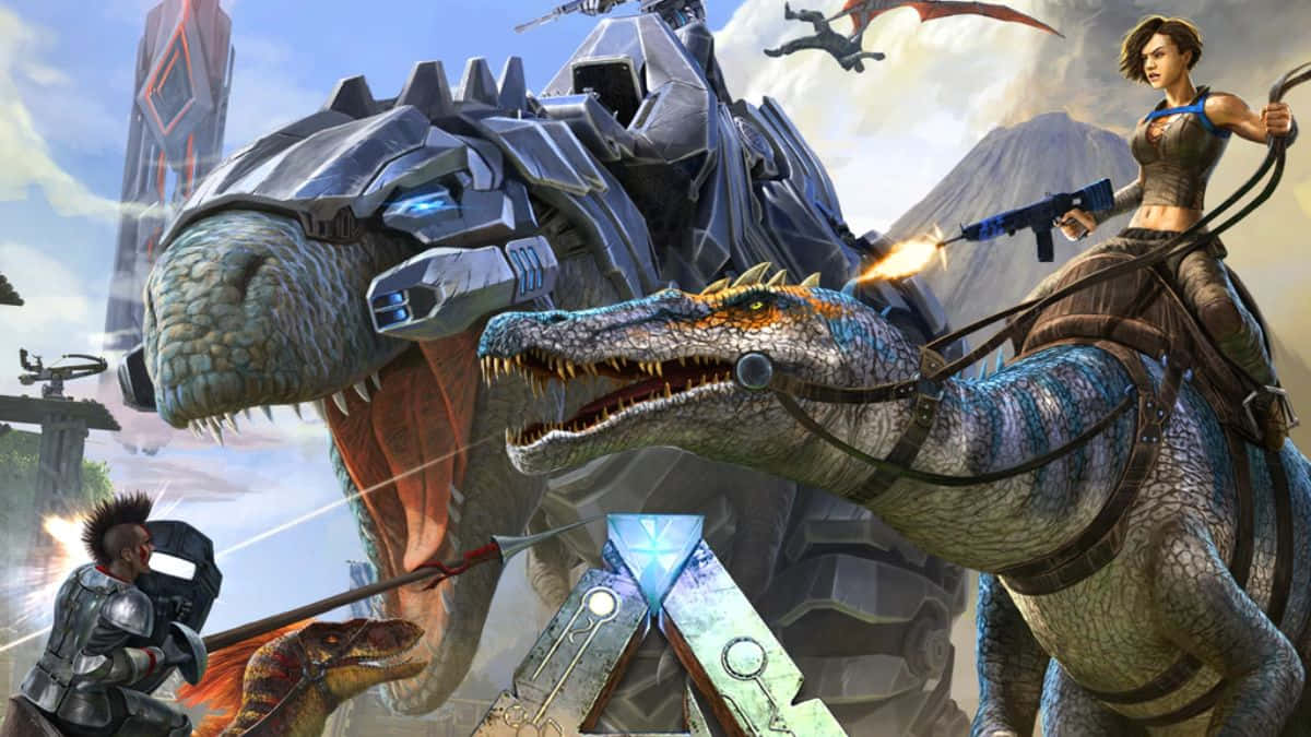 A Group Of People Riding Dinosaurs In A Game Background