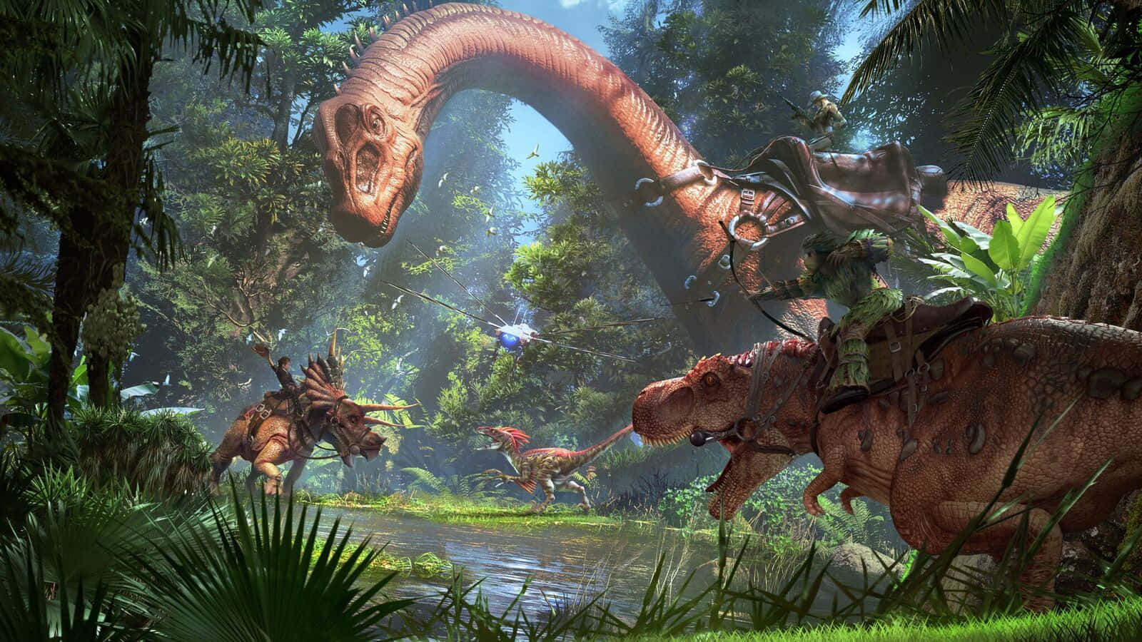 A Group Of People Riding Horses In The Jungle Background