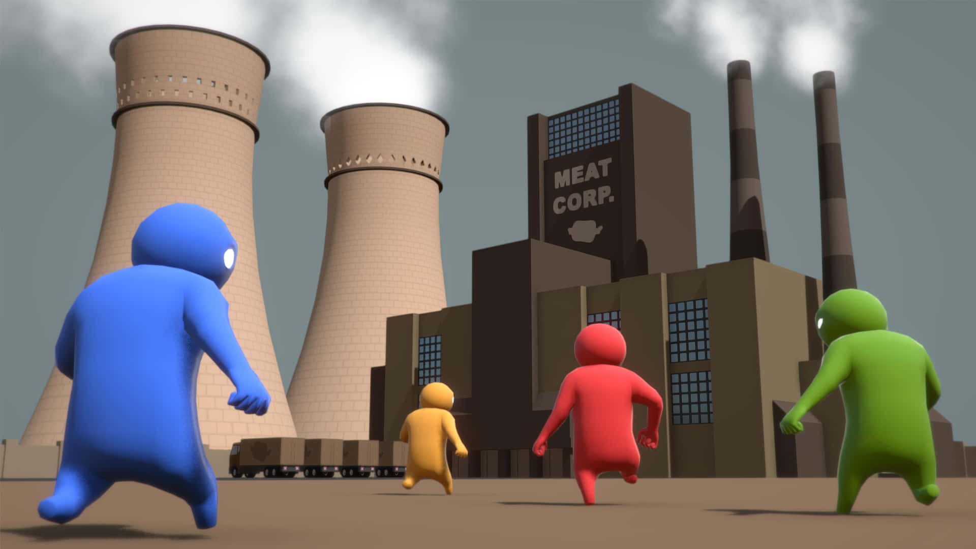 A Group Of People Running In Front Of A Factory Background