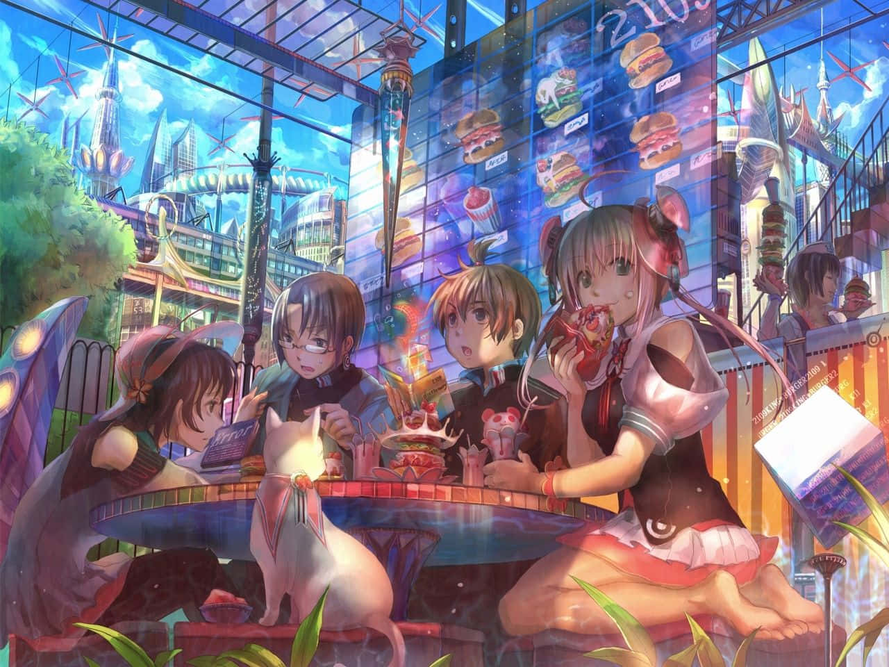 A Group Of People Sitting At A Table In A City Background