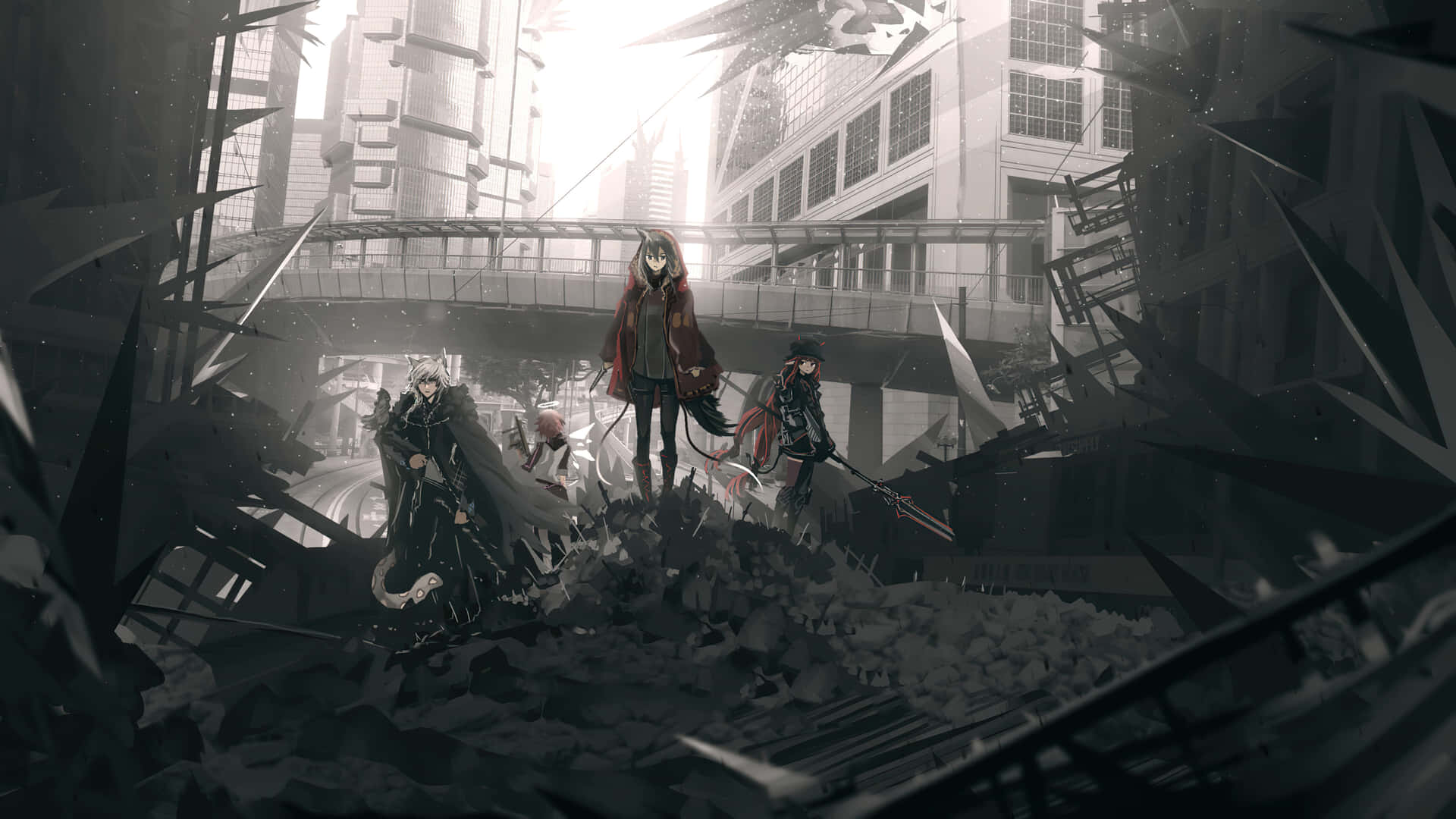 A Group Of People Standing In A City With A Lot Of Debris Background