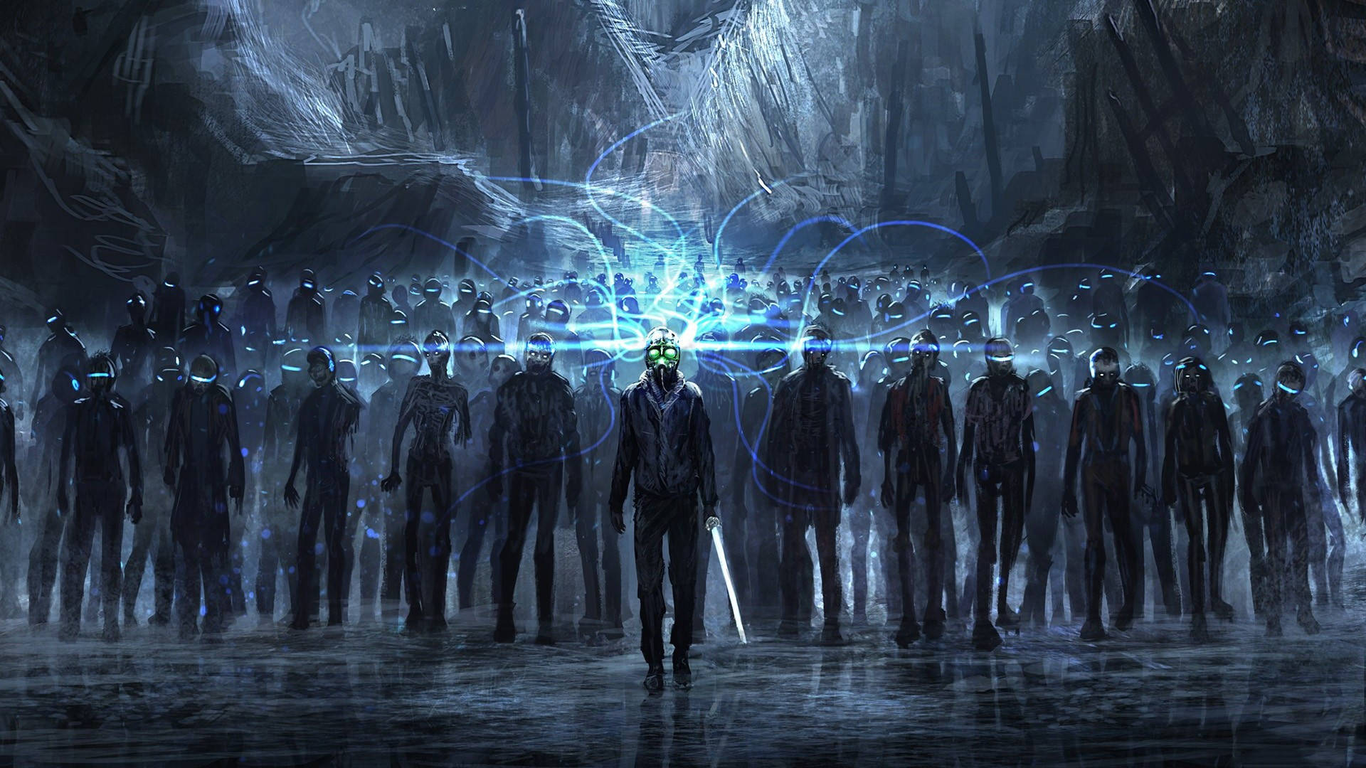 A Group Of People Standing In A Dark Cave Background