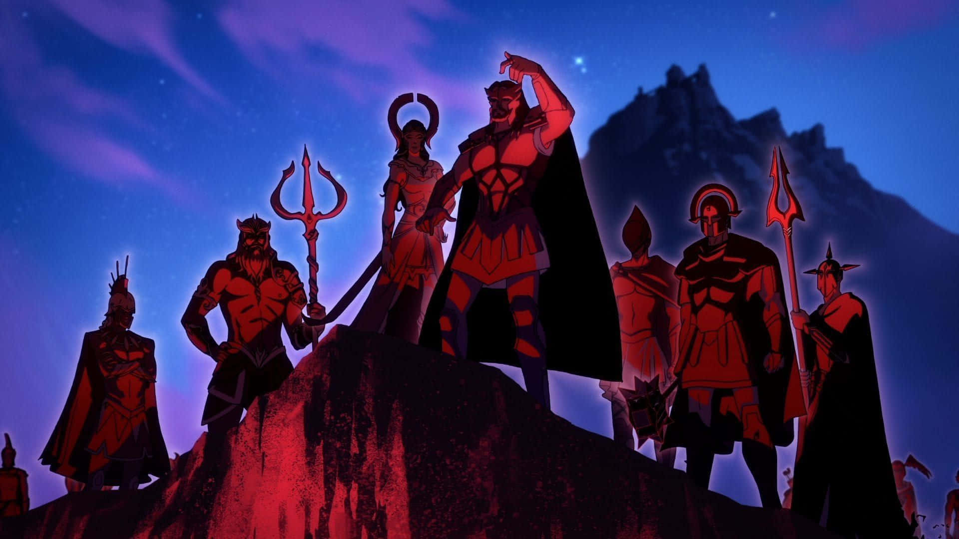 A Group Of People Standing On A Mountain With A Red Sky