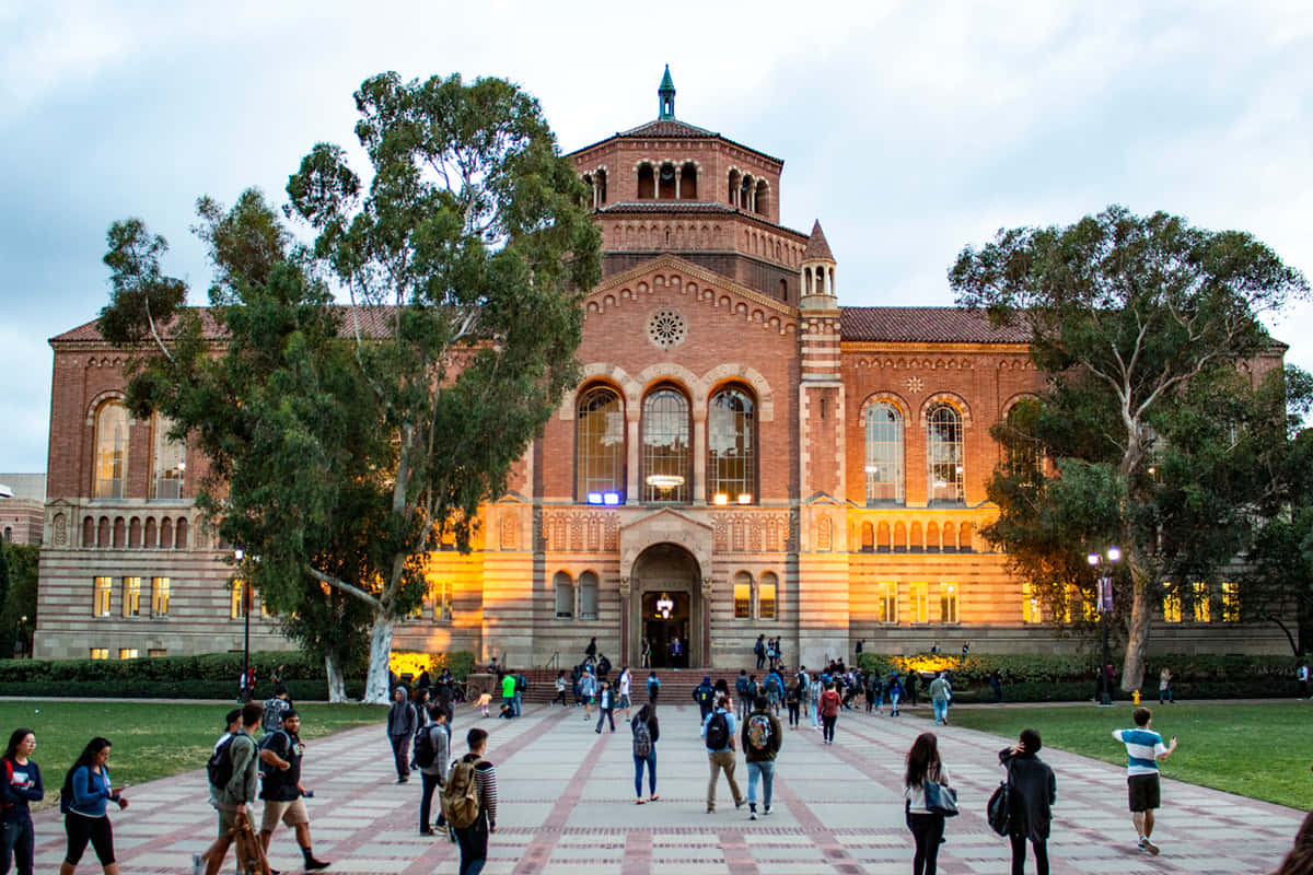 A Group Of People Walking Around A Building Background