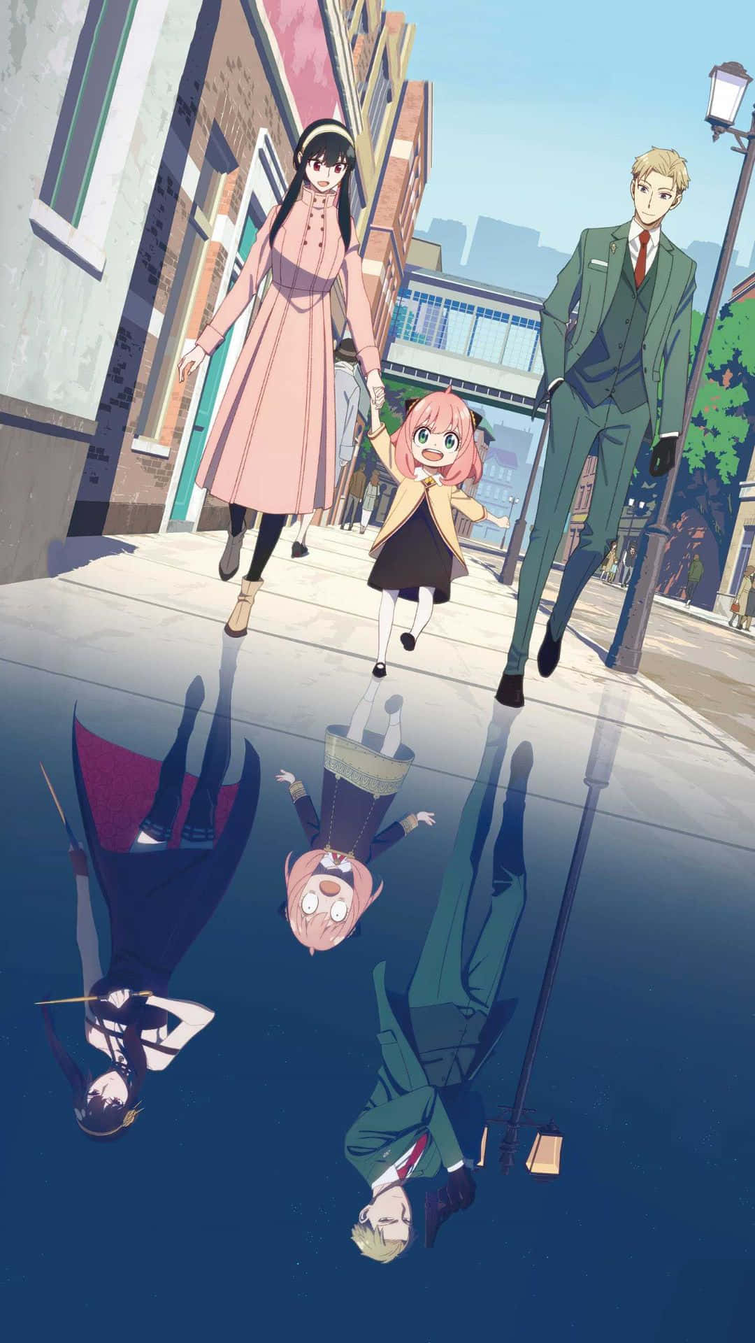 A Group Of People Walking Down The Street In An Anime Background