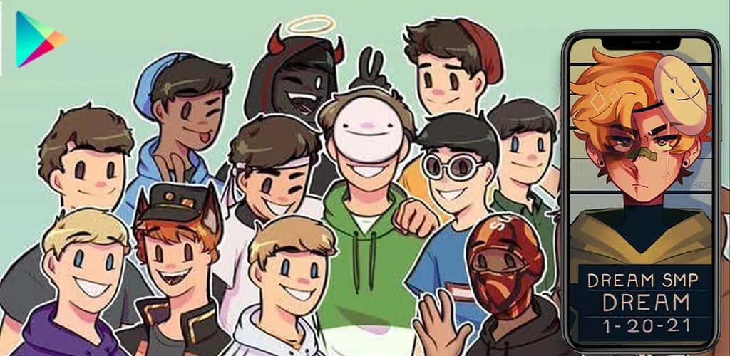 A Group Of People With A Phone And A Cartoon Character Background