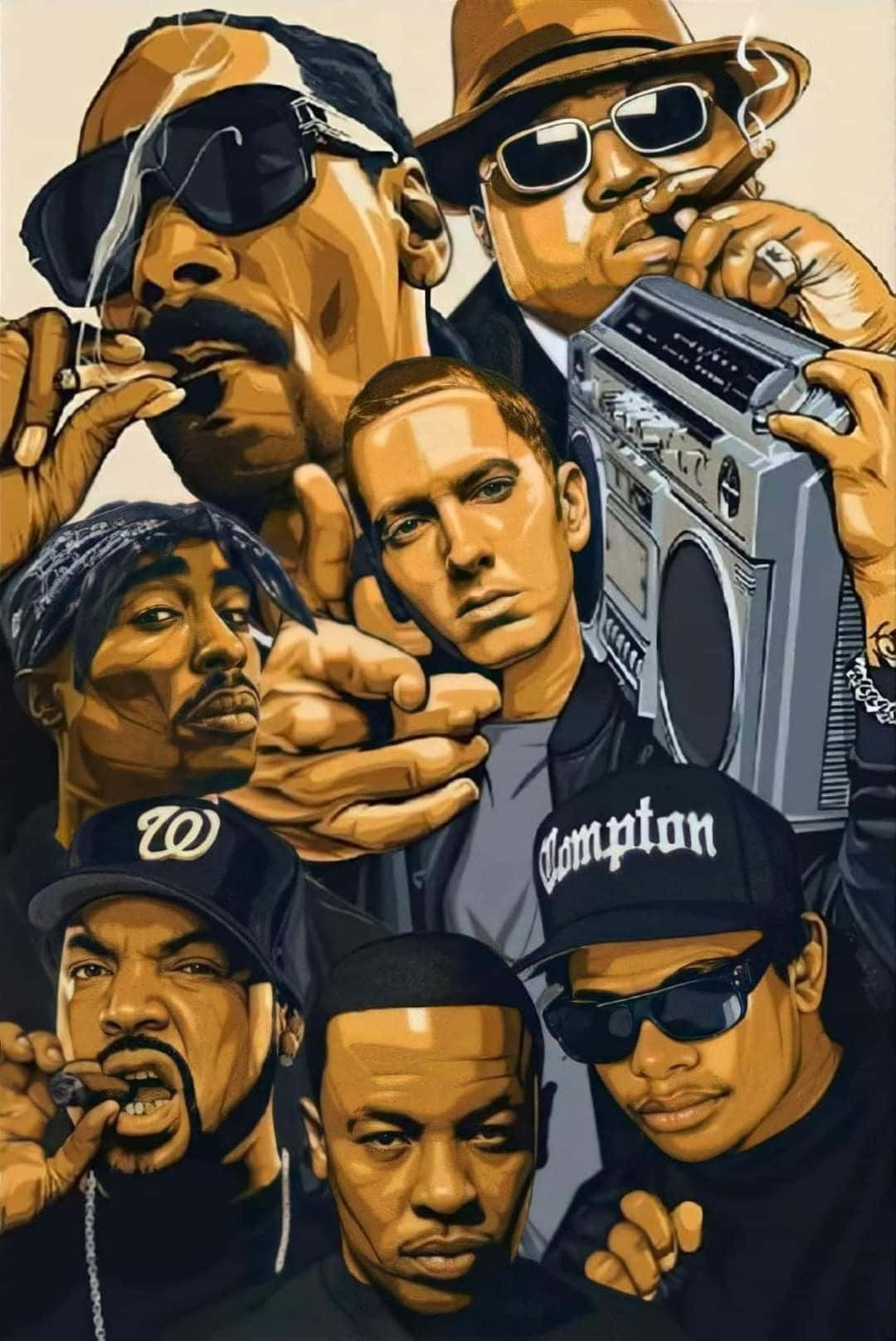 A Group Of People With A Radio And A Boombox Background