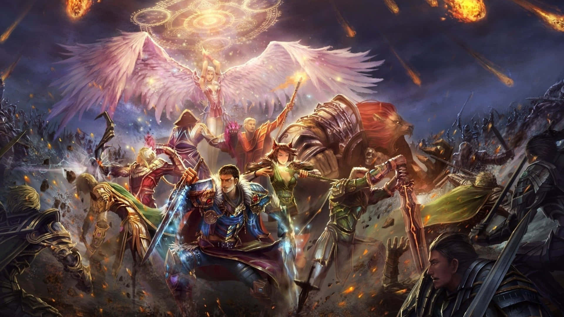 A Group Of People With A Sword And Angels Background