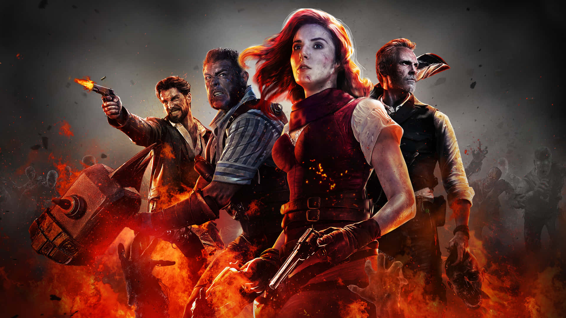 A Group Of People With Guns In Front Of Fire Background
