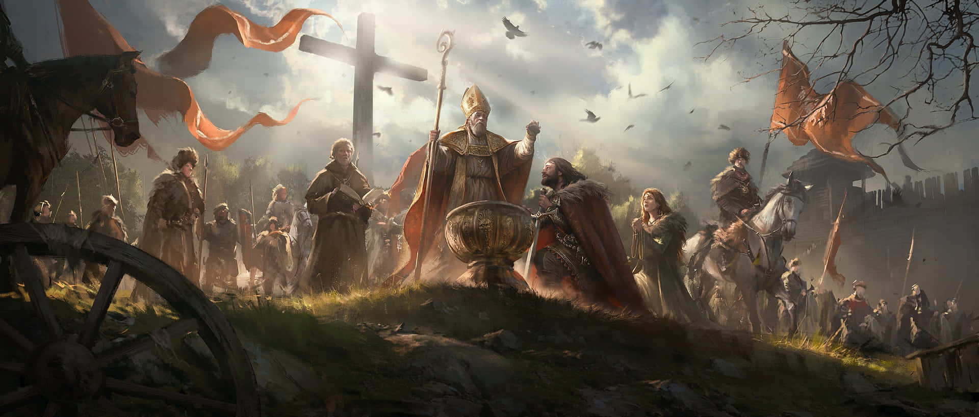 A Group Of People With Horses And Flags Background