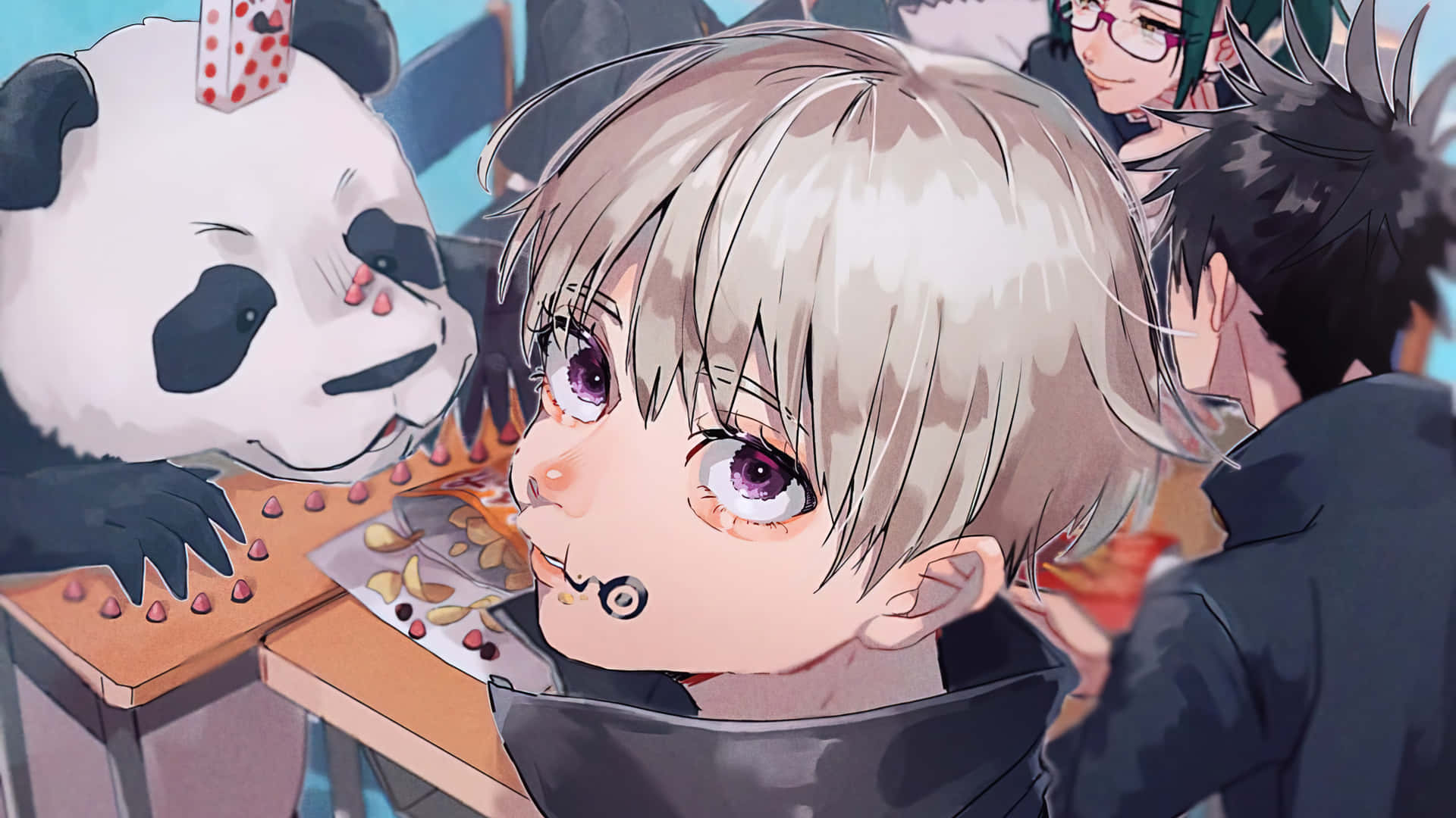A Group Of People With Pandas And A Table Background