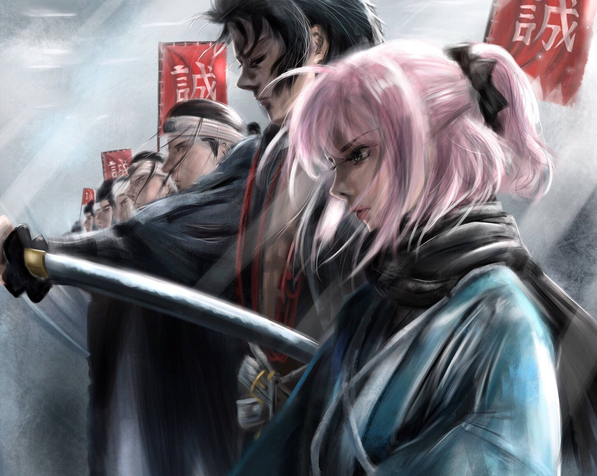 A Group Of People With Swords And Pink Hair Background