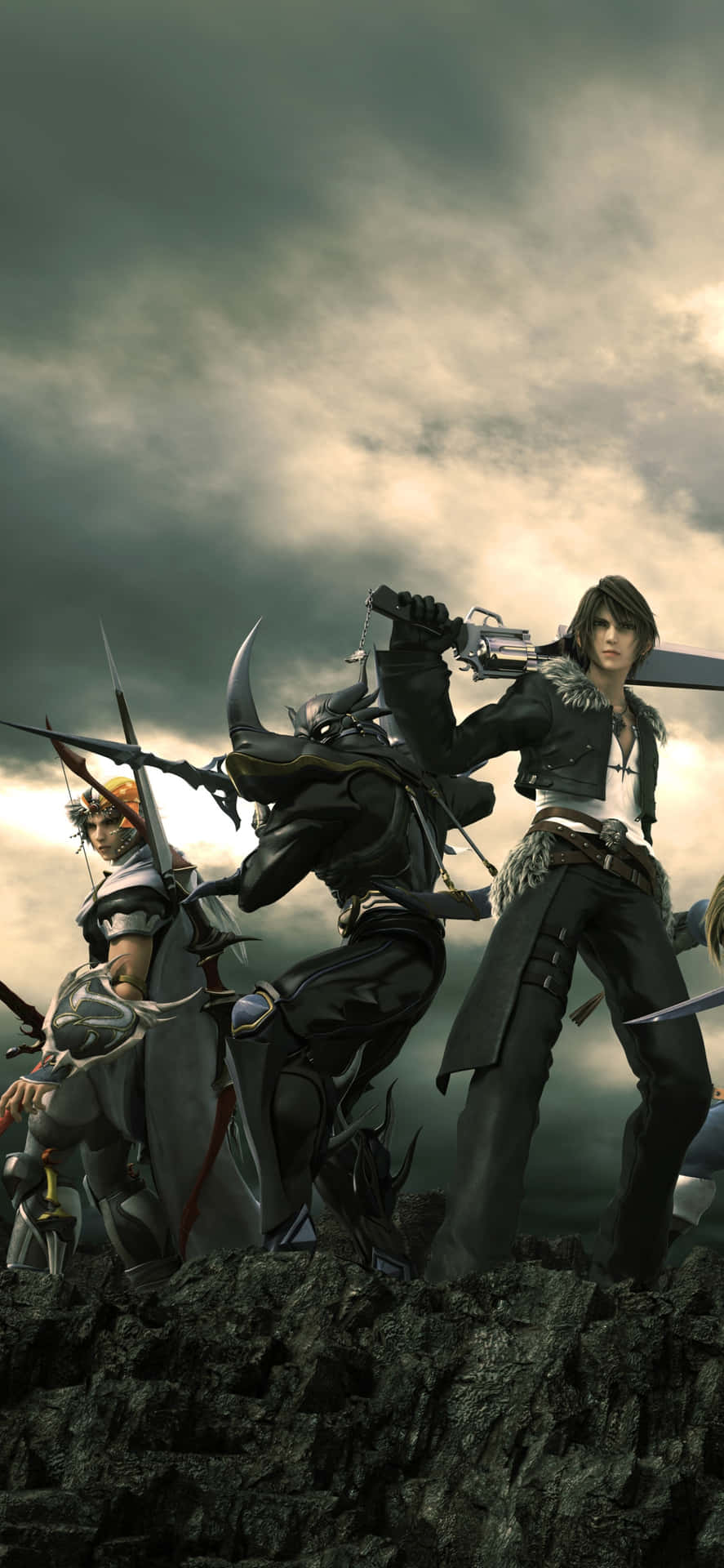 A Group Of People With Swords Standing On A Rocky Hill Background