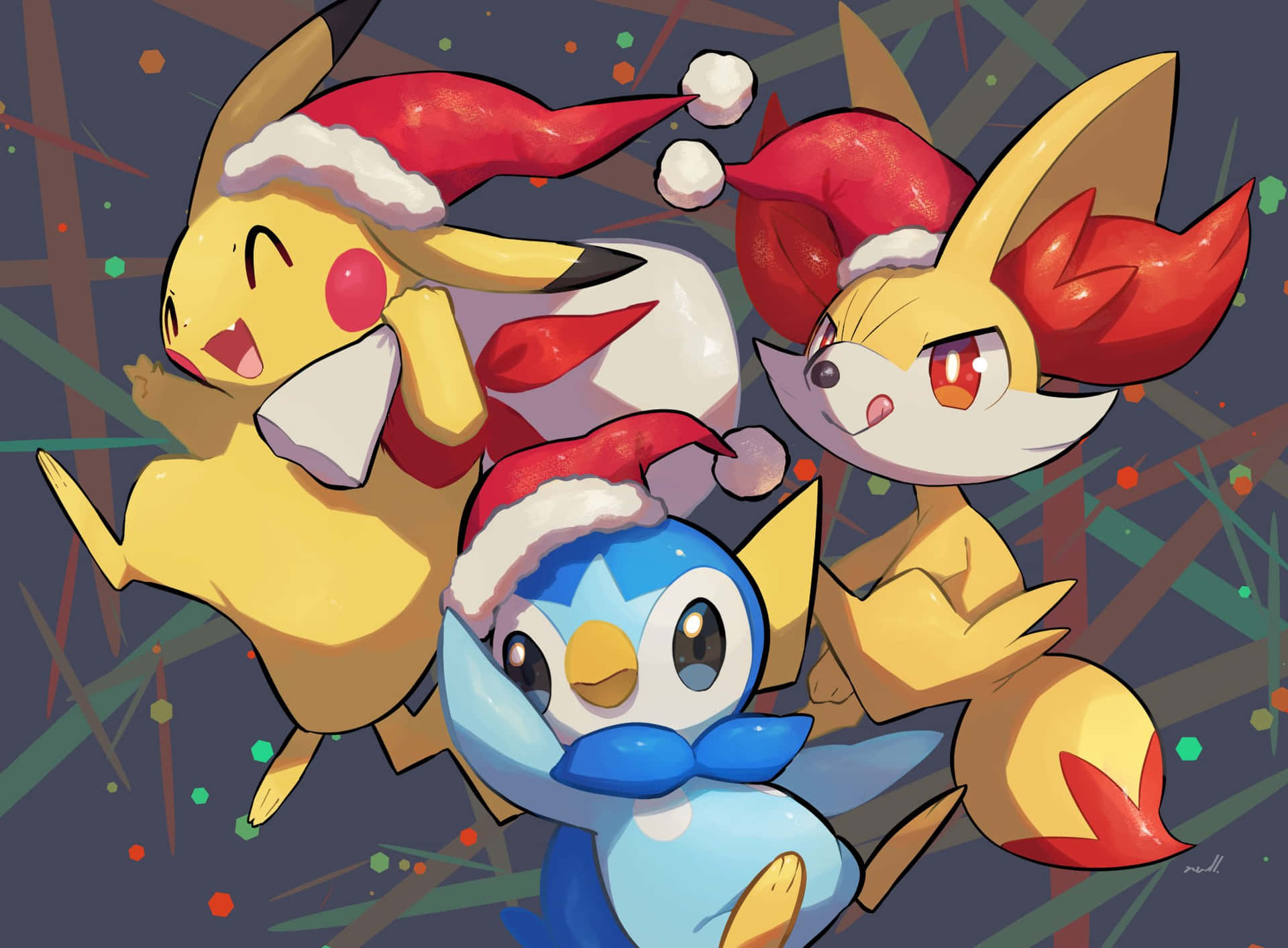 A Group Of Pikachu And Pikachu Wearing Christmas Hats Background