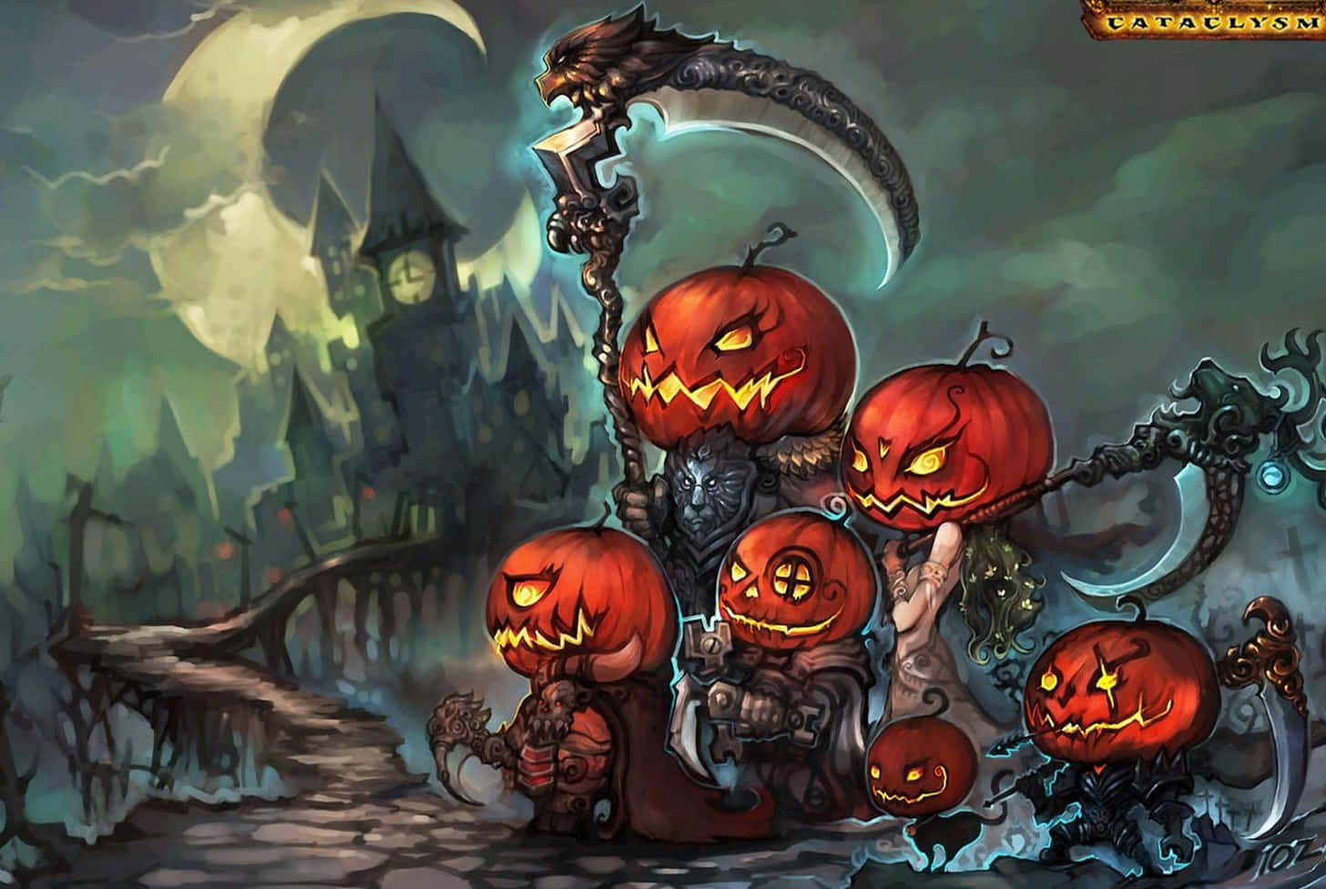 A Group Of Pumpkins With A Scythe In The Background Background