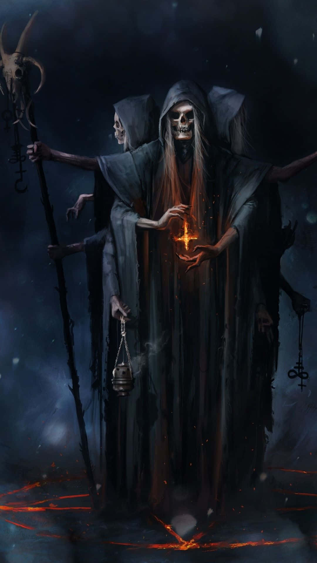 A Group Of Skeletons Holding A Scythe Background
