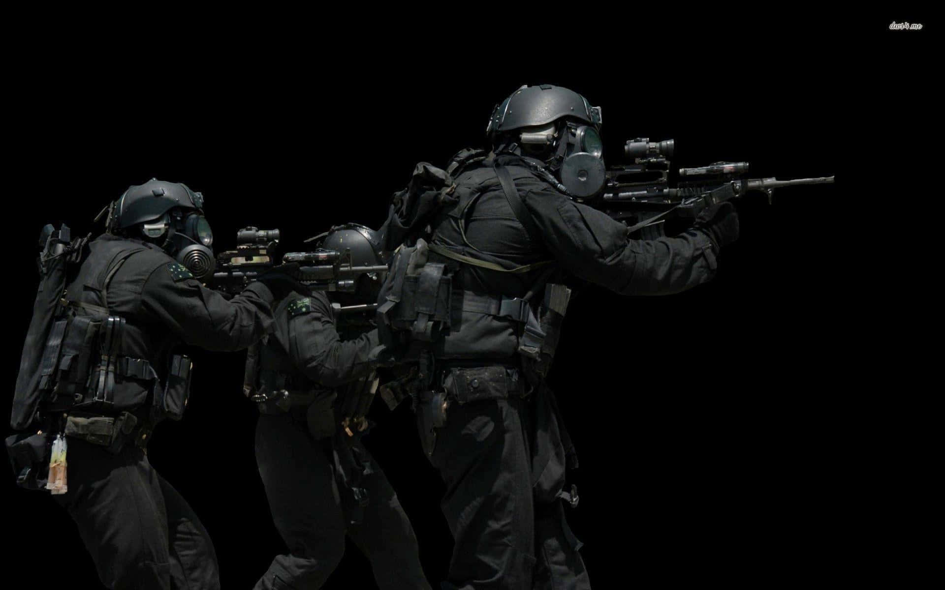 A Group Of Soldiers In Black Uniforms Are Holding Guns Background