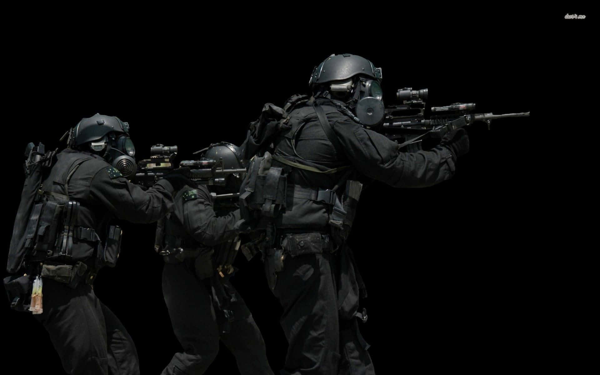 A Group Of Soldiers In Black Uniforms Are Holding Guns Background