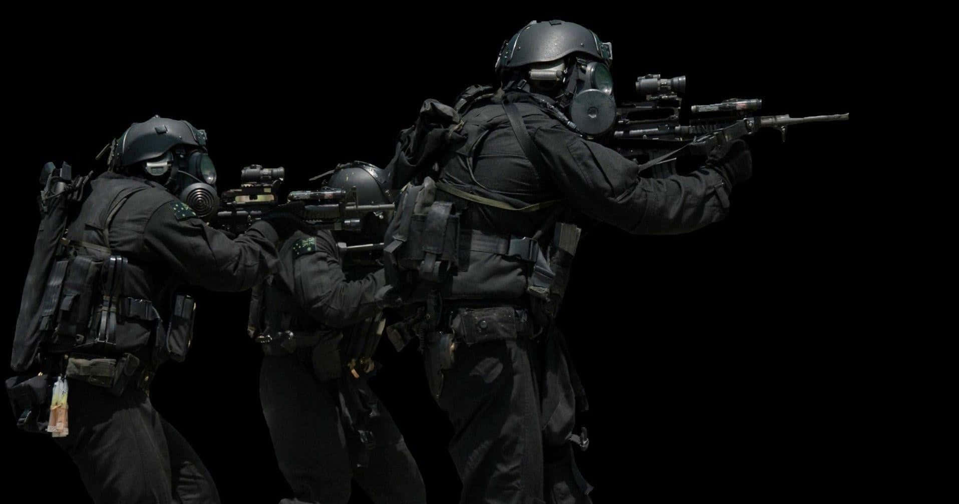 A Group Of Soldiers In Black Uniforms Are Holding Guns Background