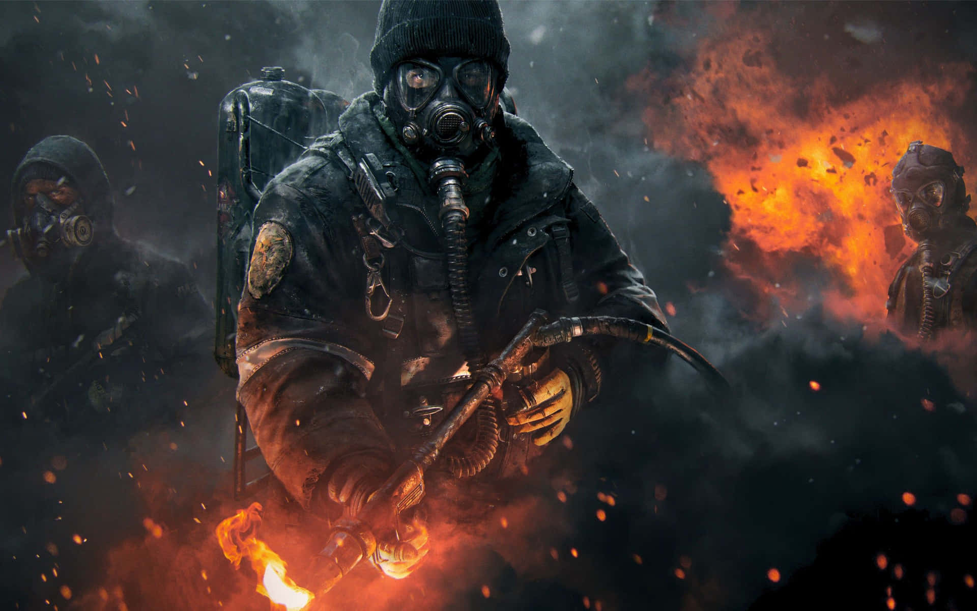 A Group Of Soldiers In Gas Masks And Fire Background
