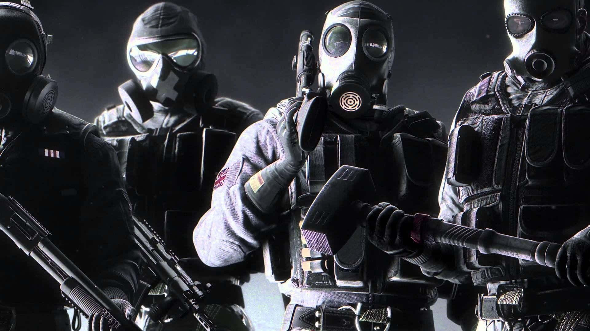 A Group Of Soldiers In Gas Masks Holding Guns