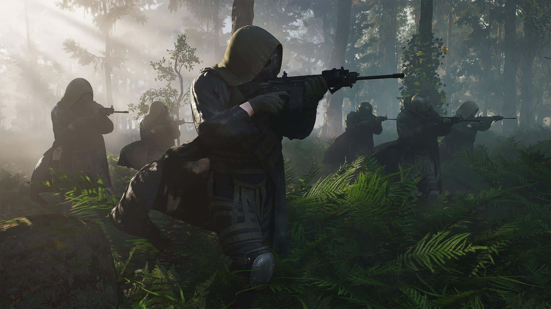 A Group Of Soldiers In The Forest With Guns Background