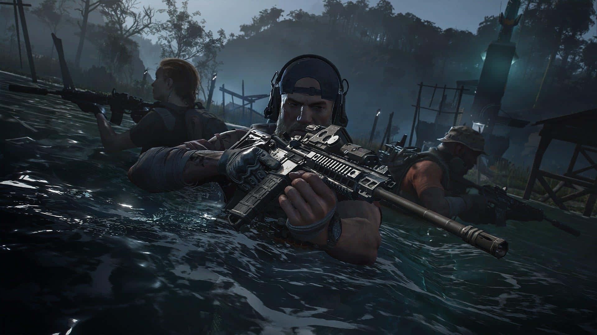 A Group Of Soldiers In The Water With Guns Background