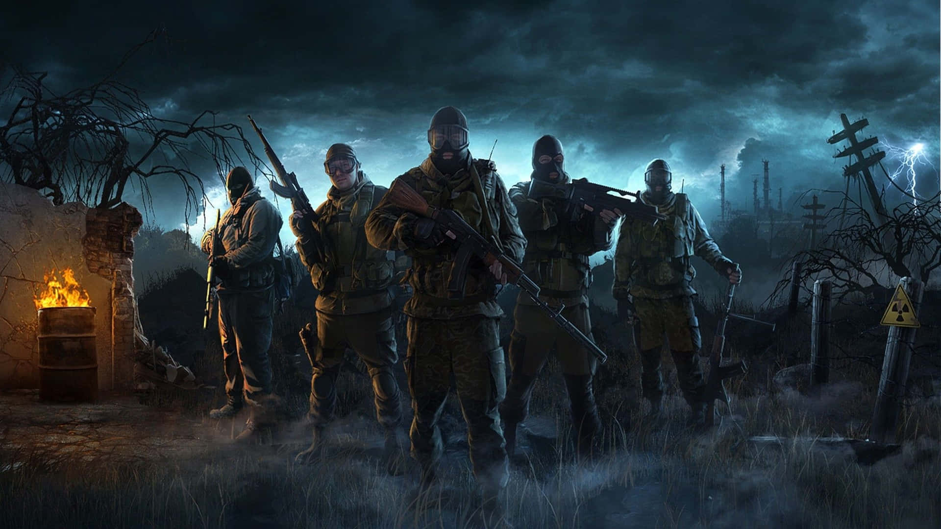 A Group Of Soldiers Standing In A Dark Field Background