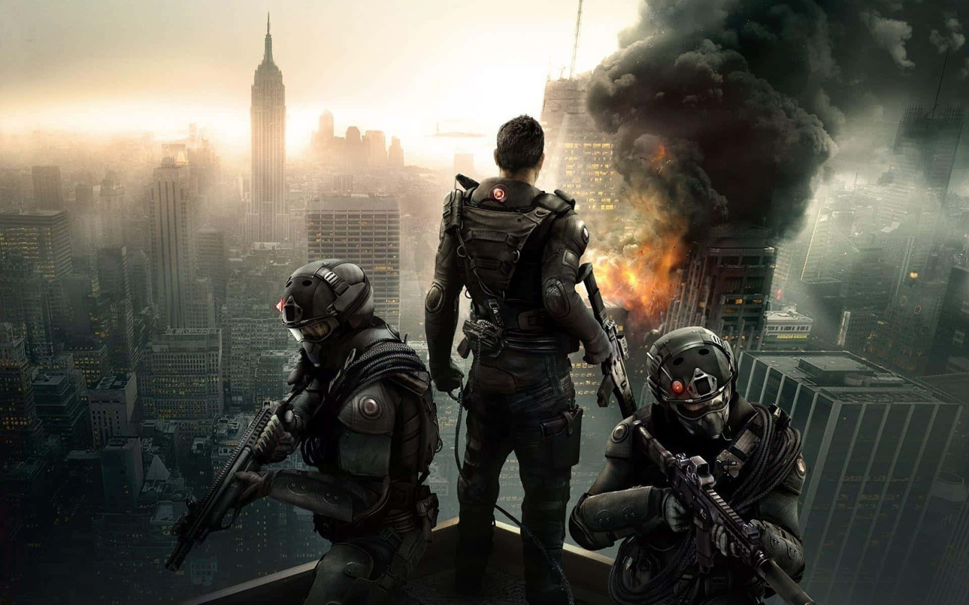 A Group Of Soldiers Standing On Top Of A Building With Smoke And Fire Background