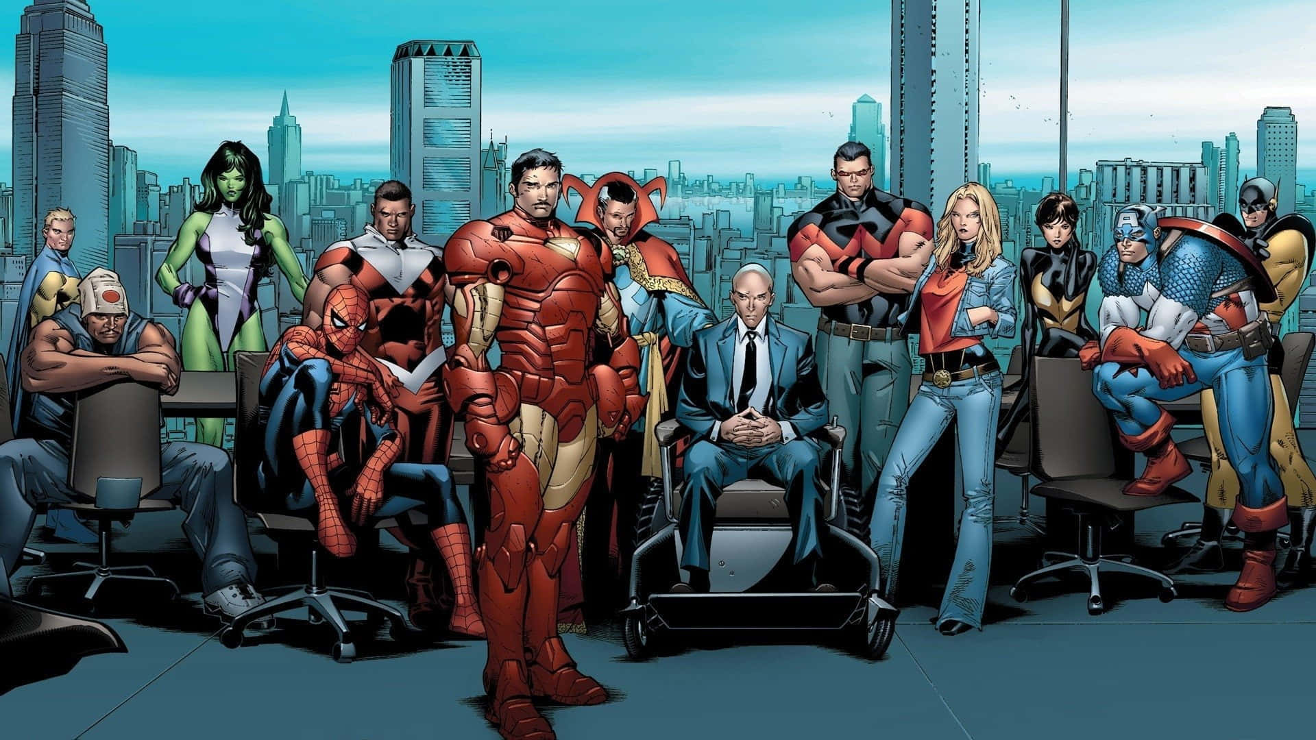A Group Of Superheroes In A City Background