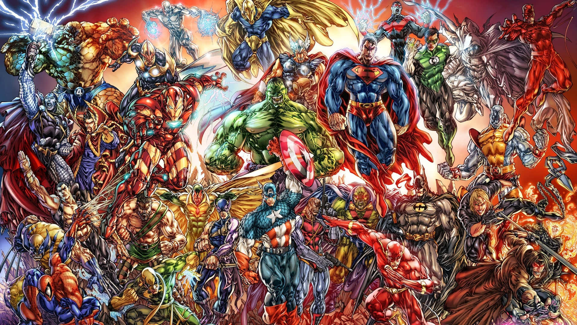 A Group Of Superheroes In A Red Background Background