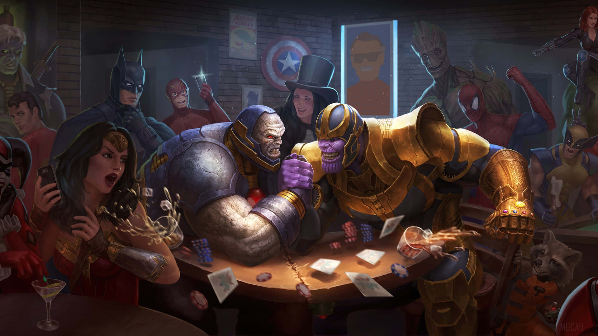 A Group Of Superheroes Playing Poker Background