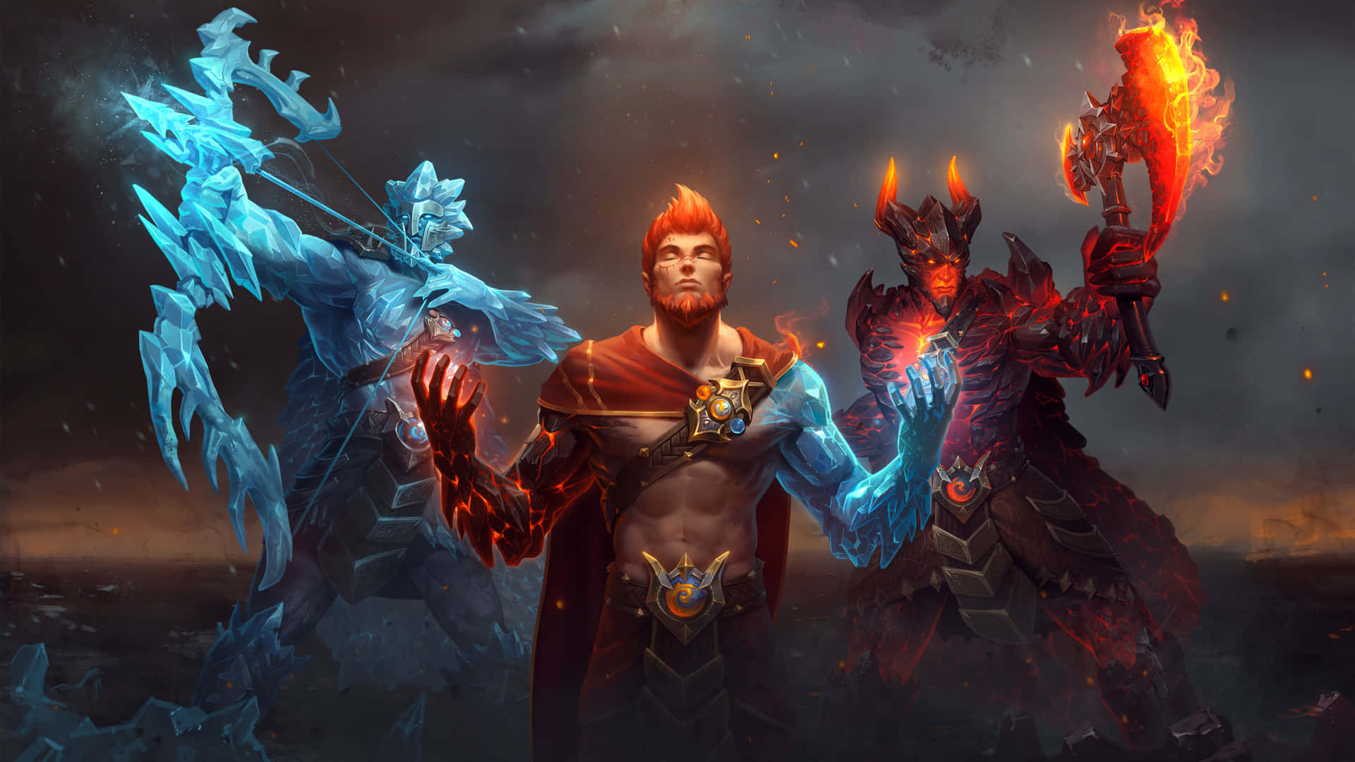 A Group Of Three Men With A Sword And A Torch Background