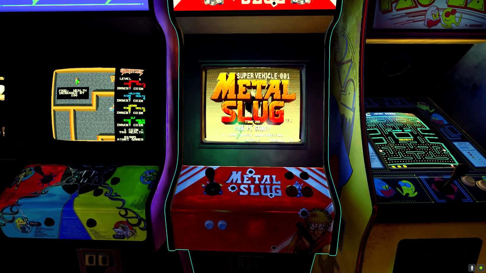 A Group Of Video Game Machines In A Dark Room Background