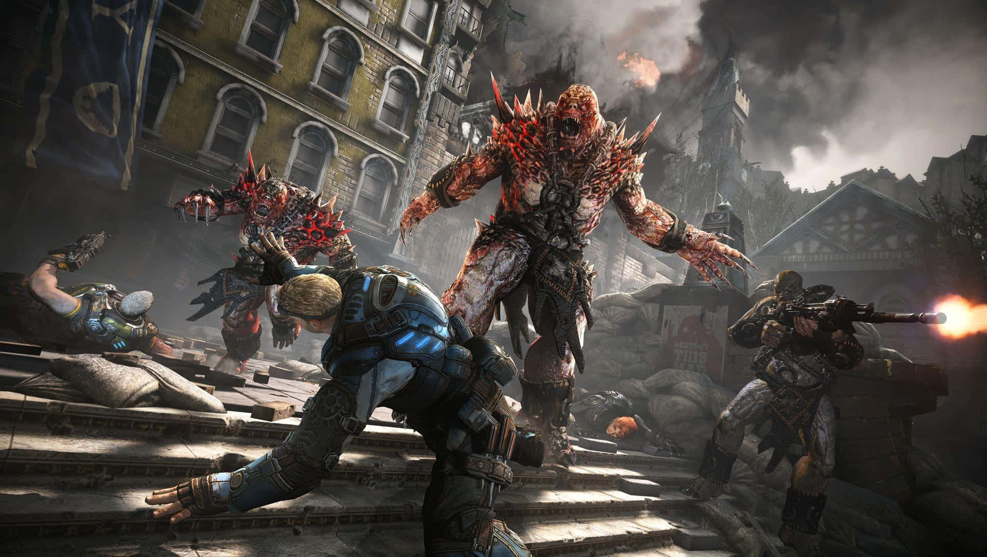 A Group Of Zombies Are Fighting In A City Background