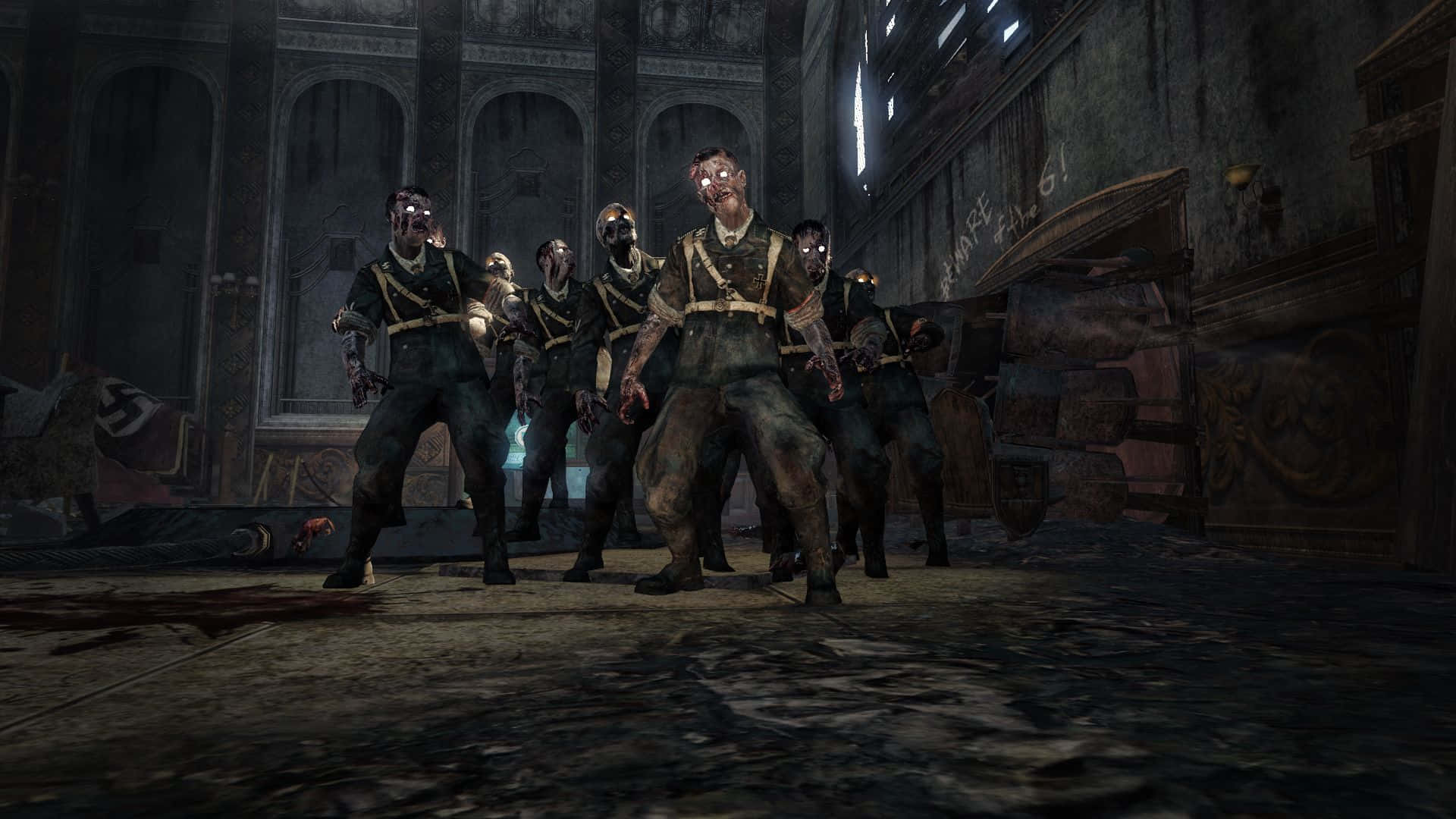 A Group Of Zombies Standing In A Room Background