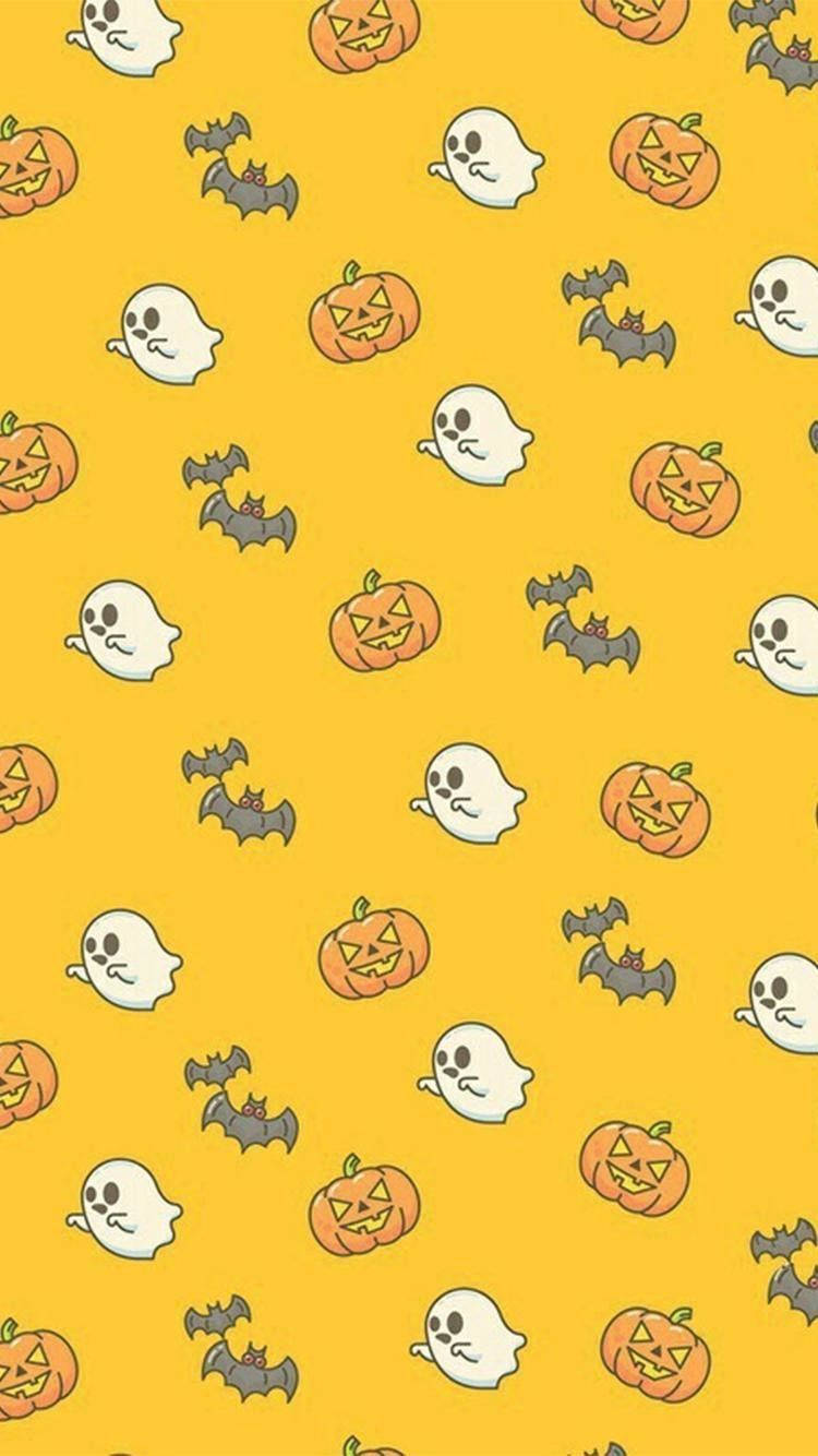 A Halloween Pattern With Ghosts And Pumpkins On A Yellow Background Background