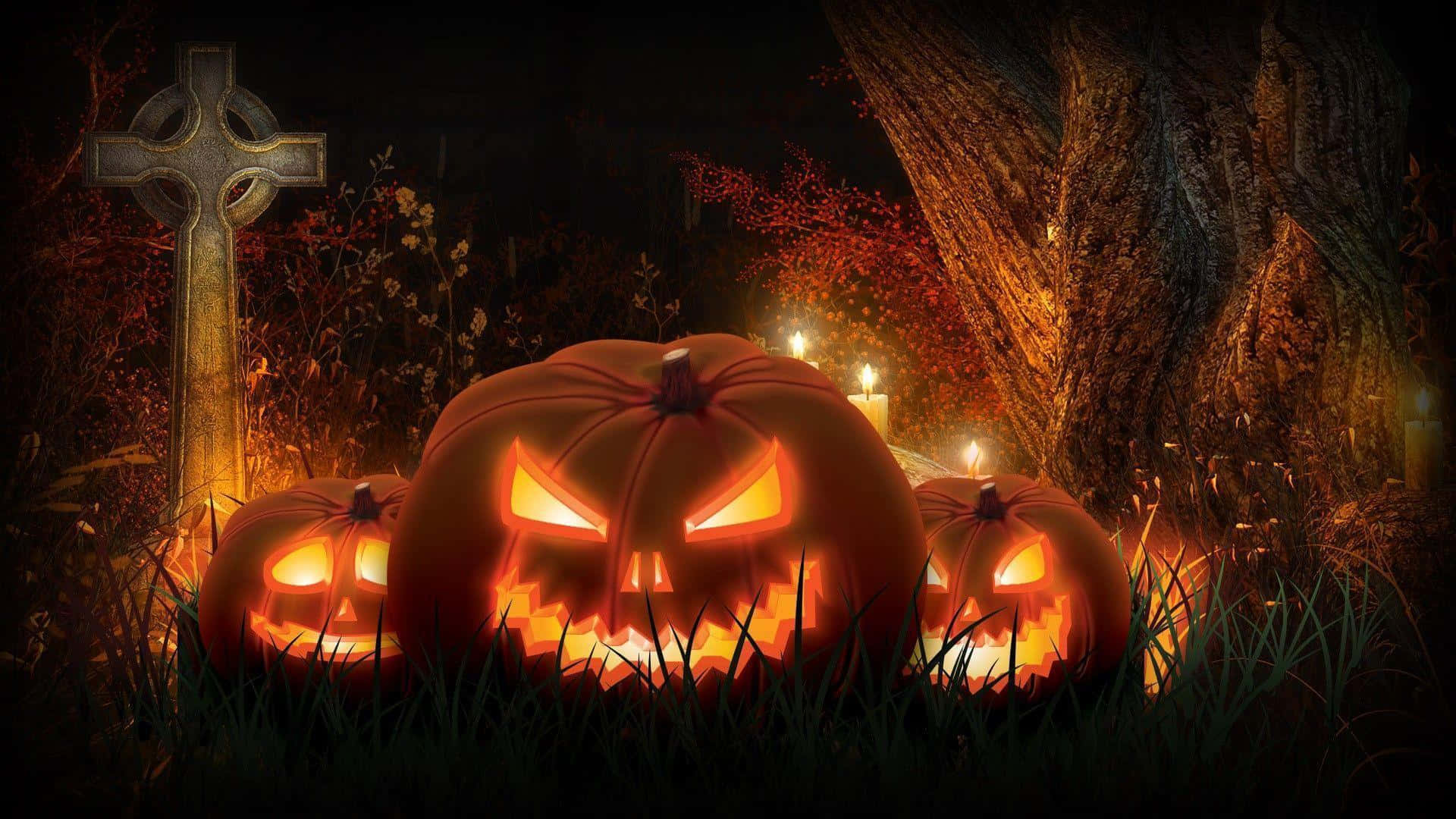 A Halloween Scene With A Jack-o'-lantern, A Scary Scarecrow, And A Mist-filled Graveyard Background