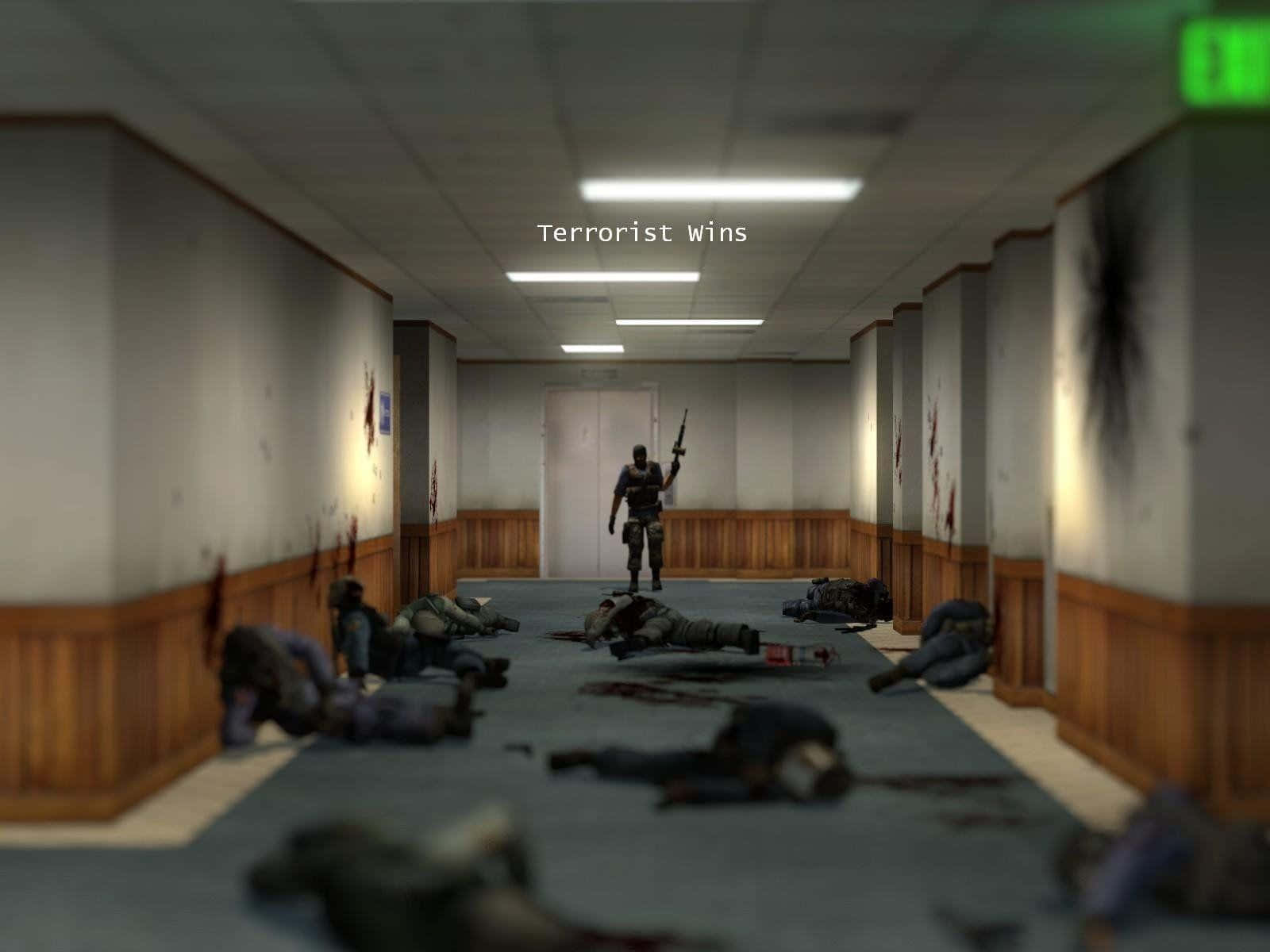 A Hallway With Dead Bodies And A Man In A Hat Background