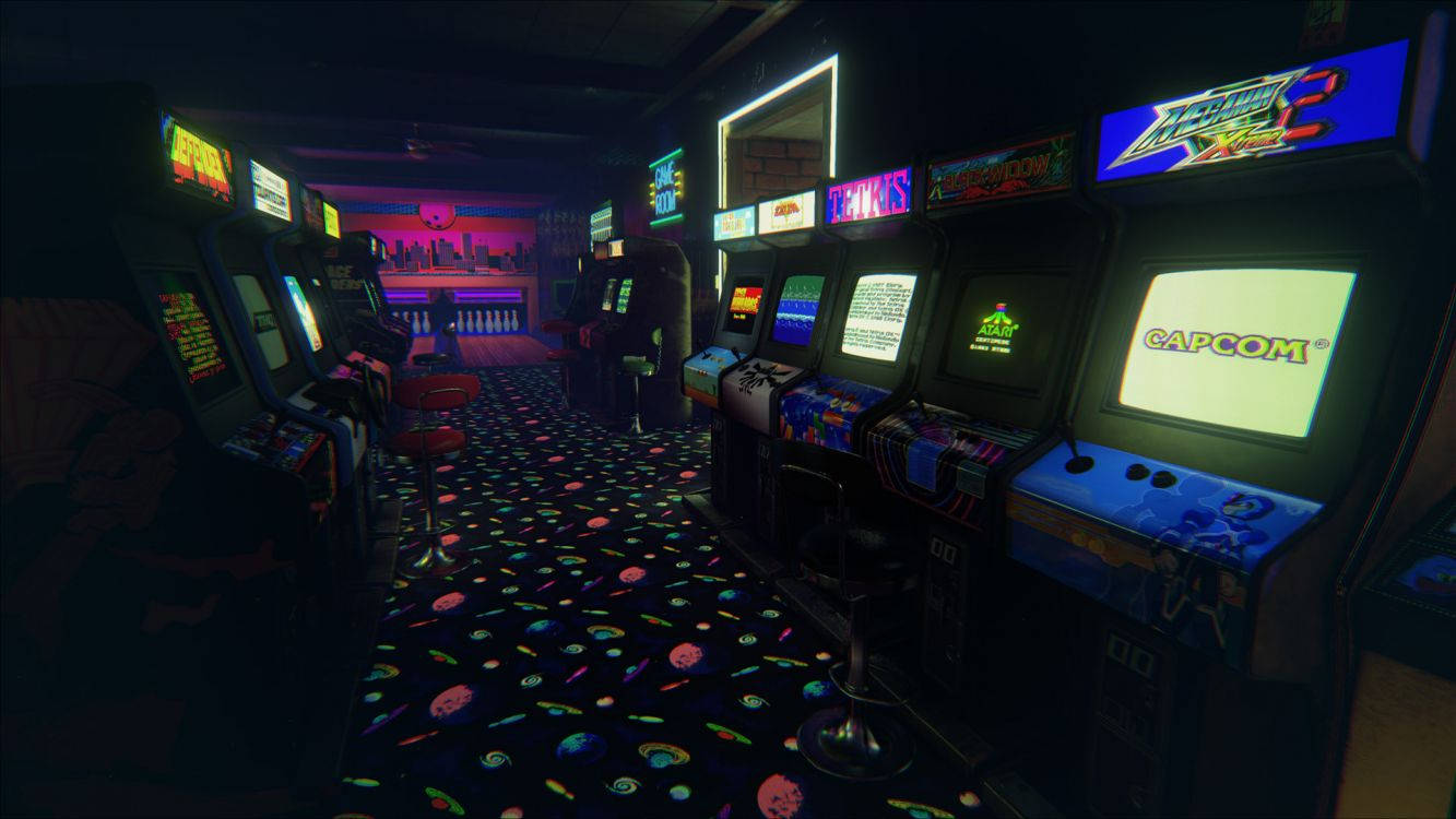 A Hallway With Many Arcade Machines Background