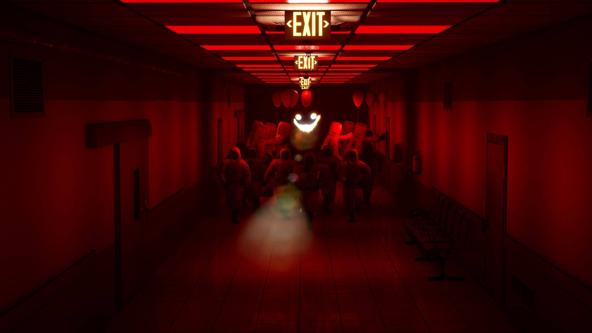 A Hallway With Red Lights Background