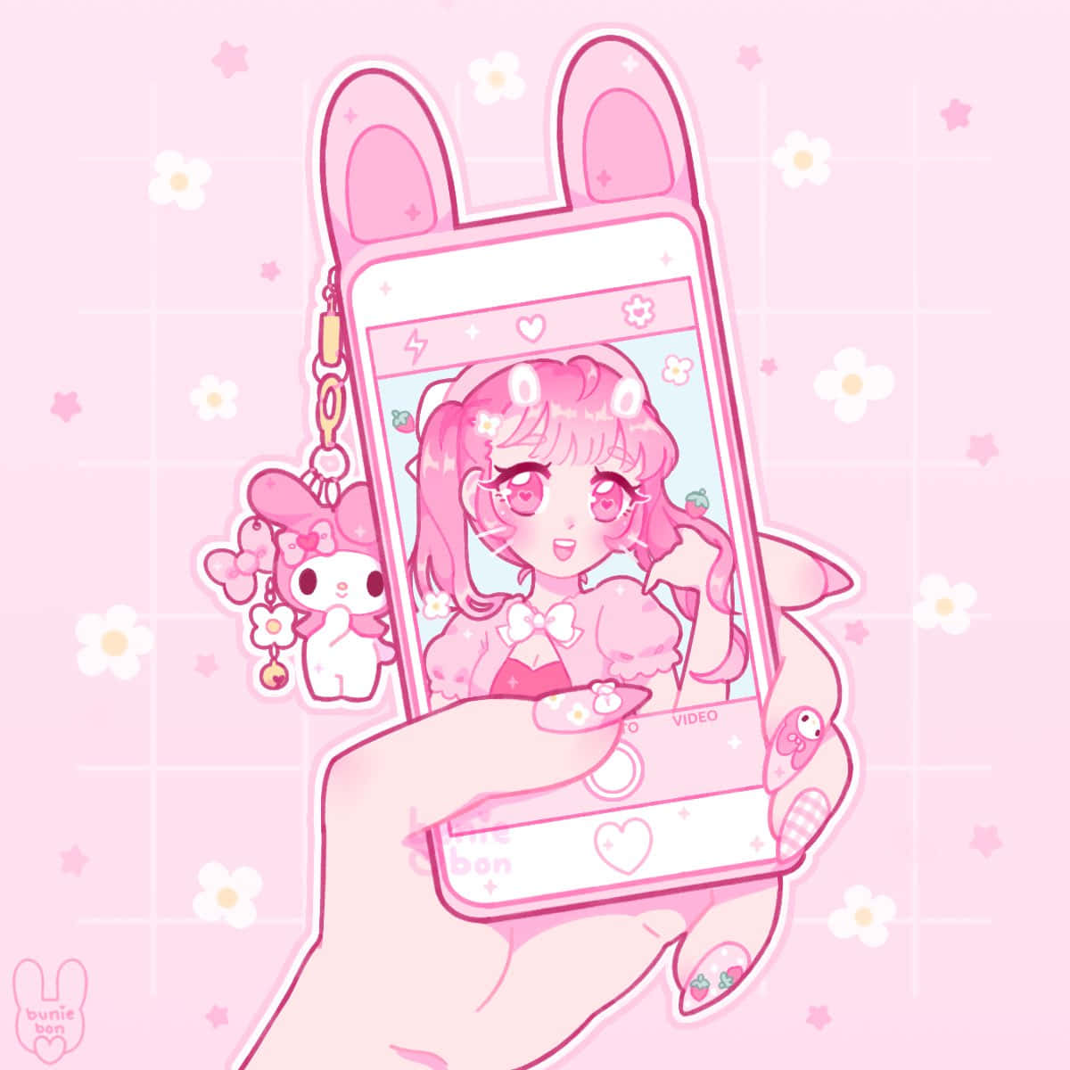 A Hand Holding A Pink Phone With A Pink Bunny Background