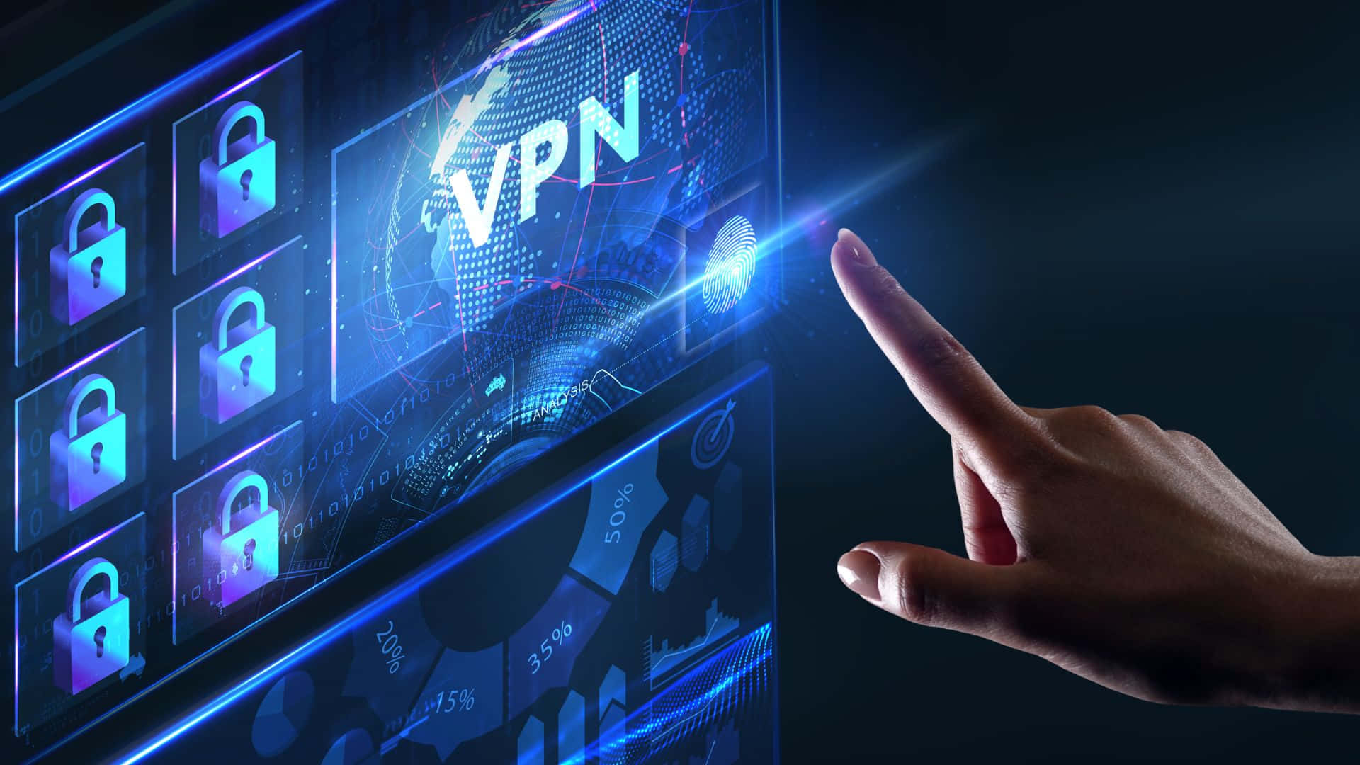 A Hand Is Pointing At A Vpn Icon On A Computer Screen Background