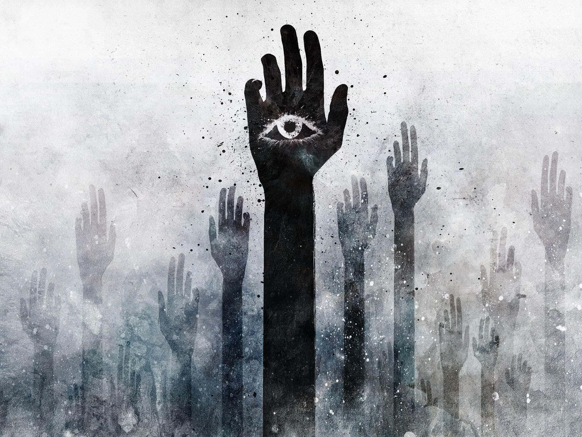 A Hand With An Eye In It Is Reaching Up To The Sky Background